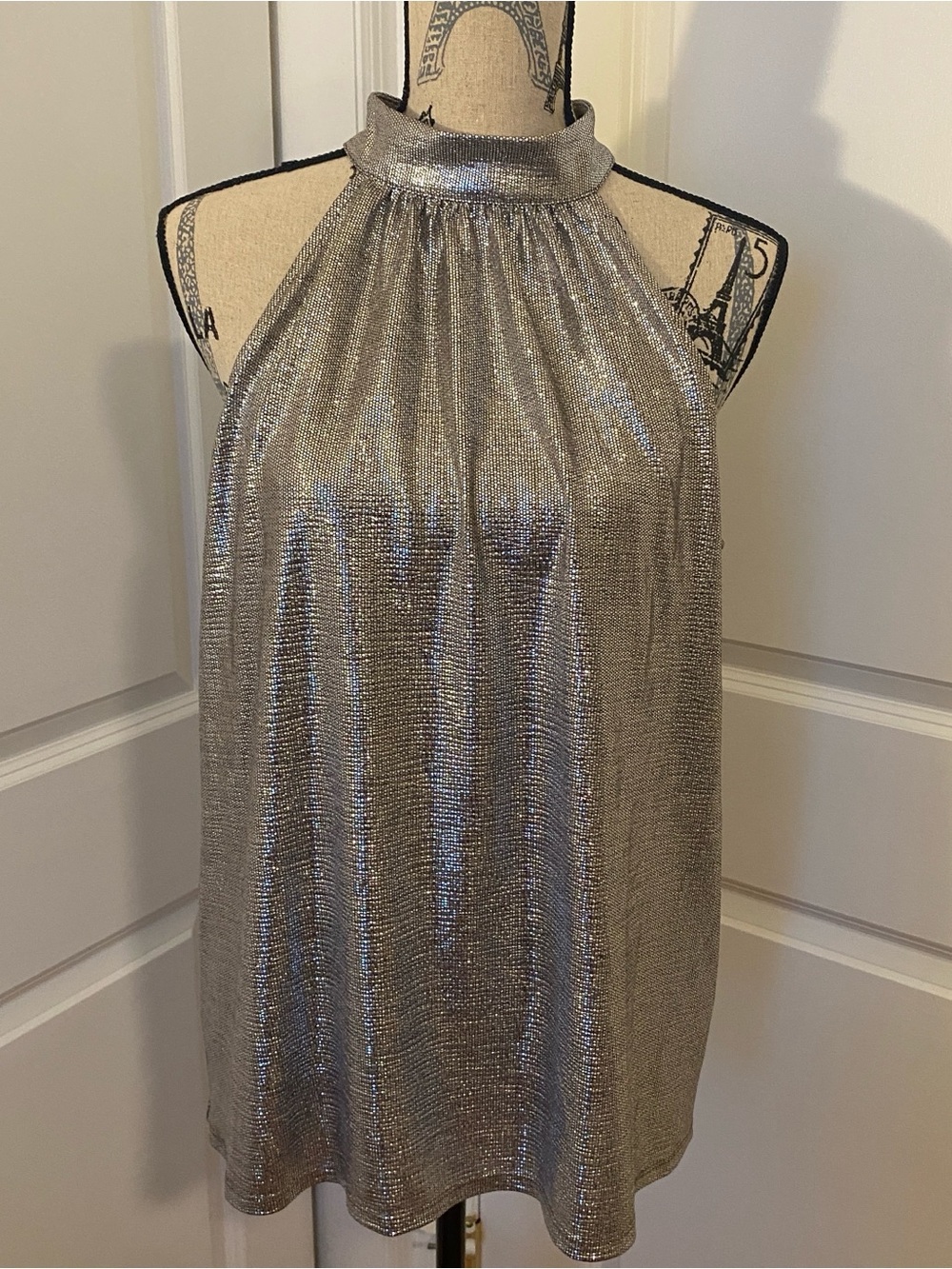 White House Black Market Silver Metallic Halter Top Large Party Club Dinner